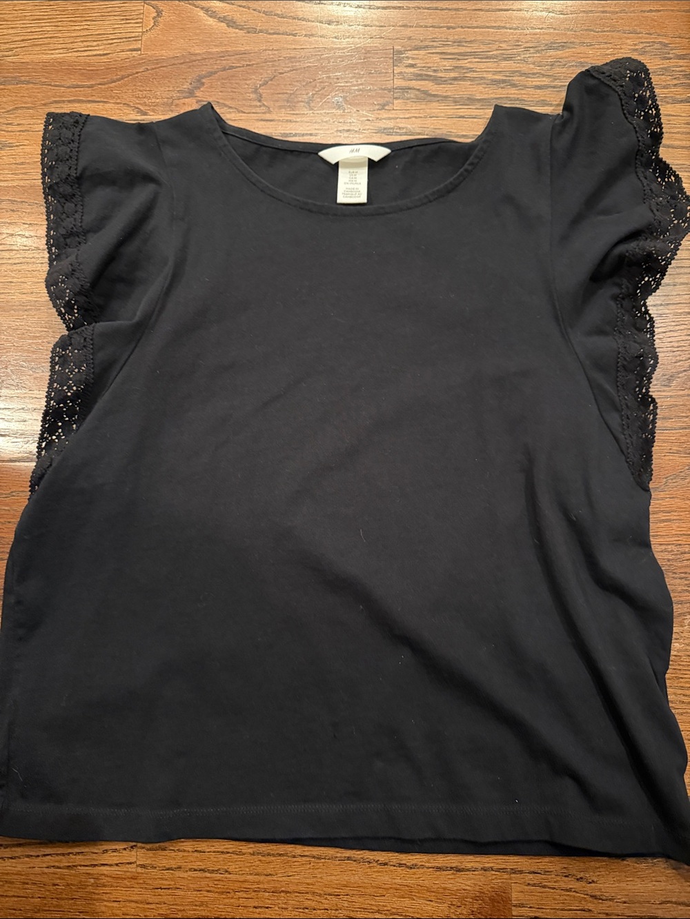H&M Black Lace-Trim Flutter Sleeve Top sz medium